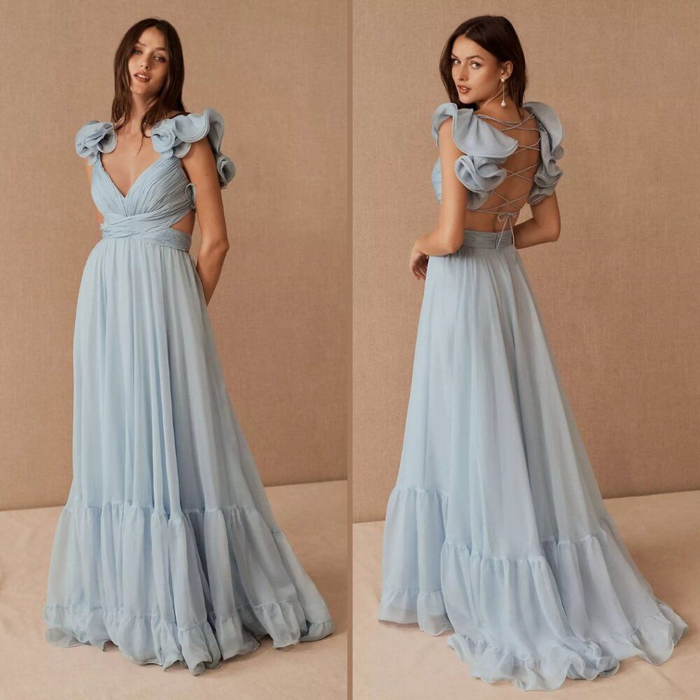 Mac Duggal 67911‎ Size 8 Light Blue Indy Ruffle Tiered Chiffon Gown Maxi Dress